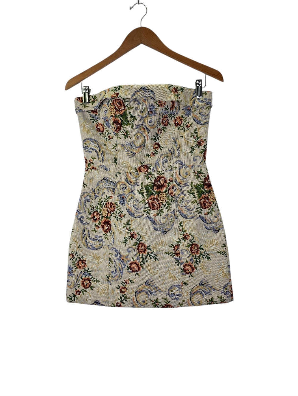 EDIKTED New Women's Size Medium Floral Tapestry Lace-Up Back Strapless Minidress